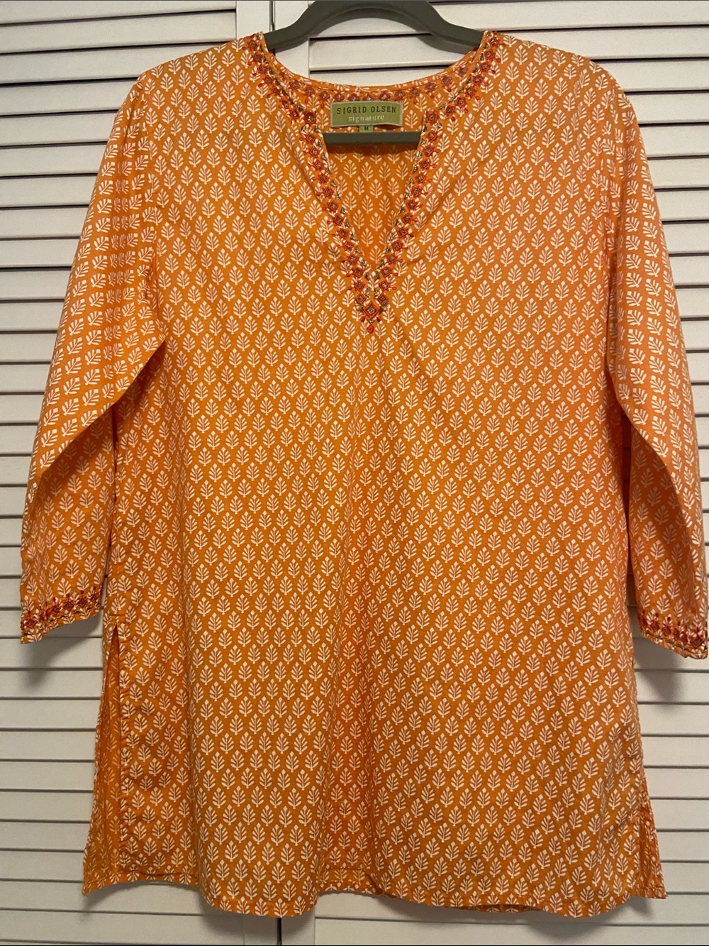 Embroidered Sigrid Olsen Geometric Leaf pattern Womans M Tunic Orange Festival